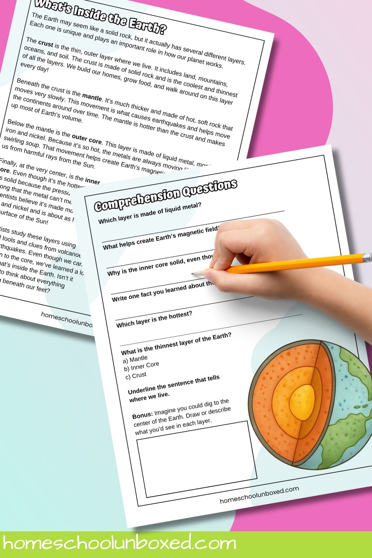 Layers of earth reading comprehension activity.