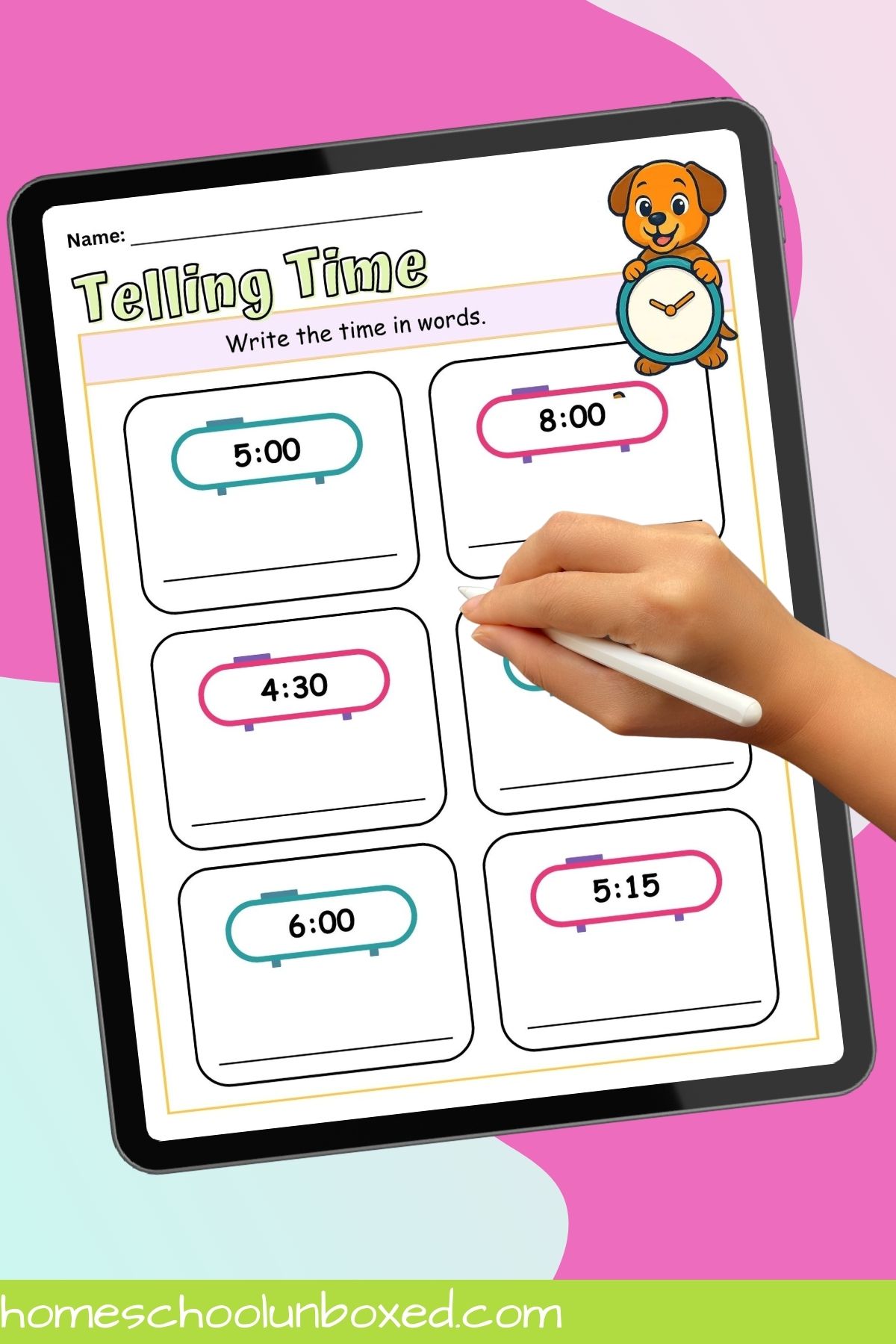 Printable telling time worksheet with cute animal theme.