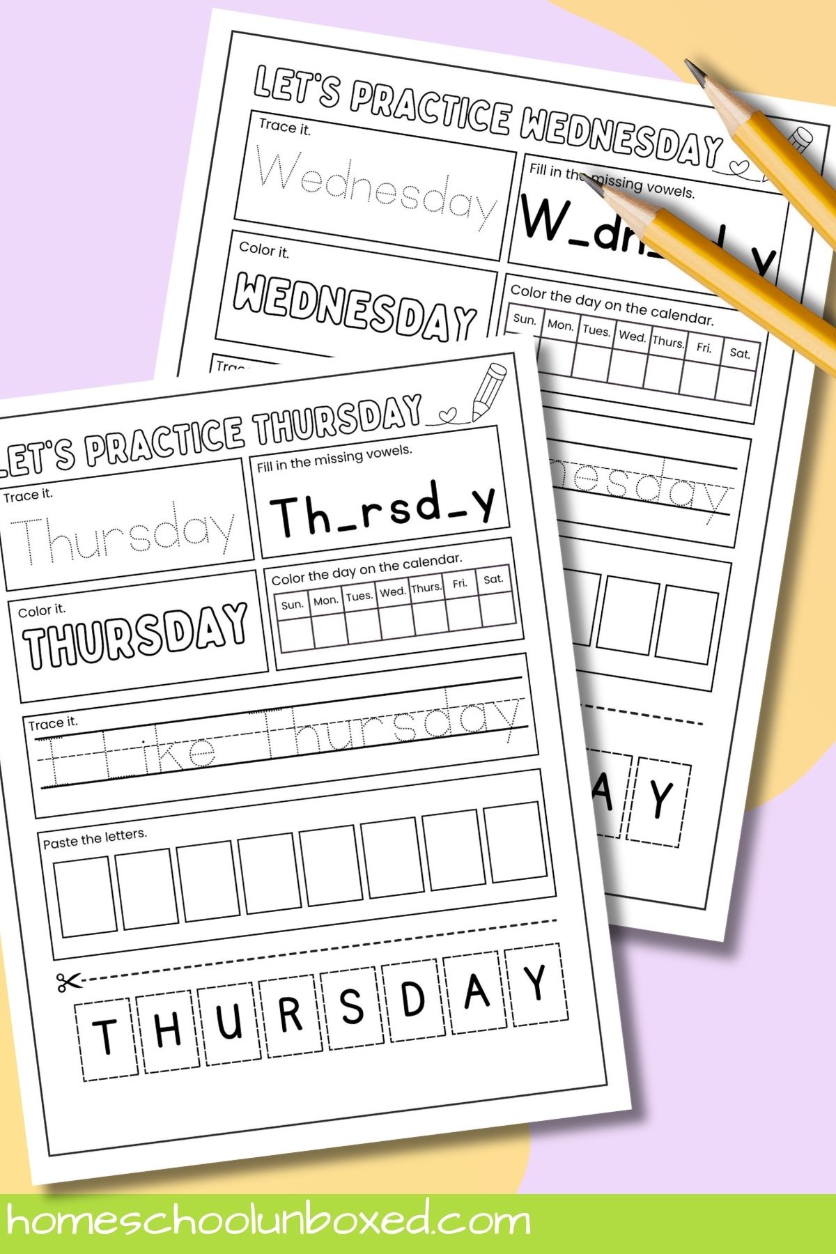 Free PDF days of the week practice pages.