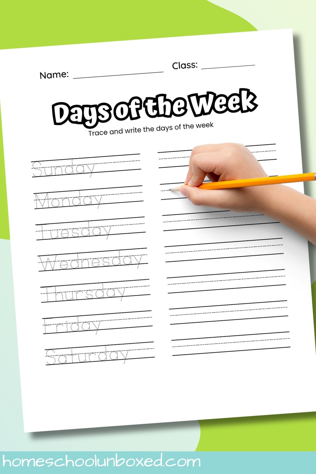 Handwriting practice sheet for days of the week.