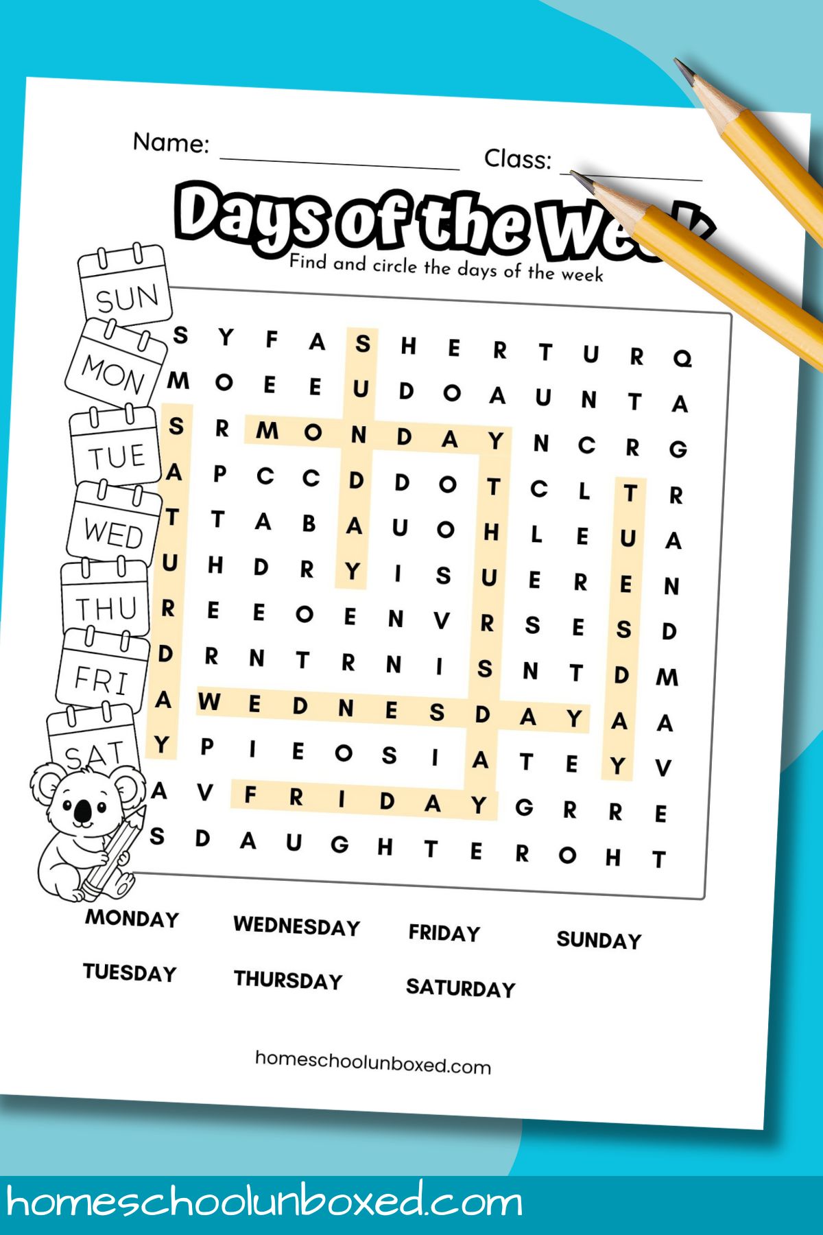 Days of the week word search printable worksheet.